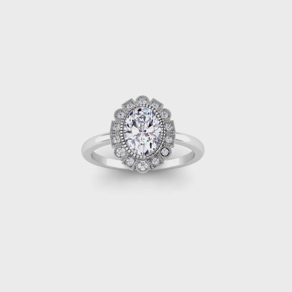 Celestia Vintage Halo 1 Carat Oval Lab Grown Diamond Ring in Platinum D VVS2