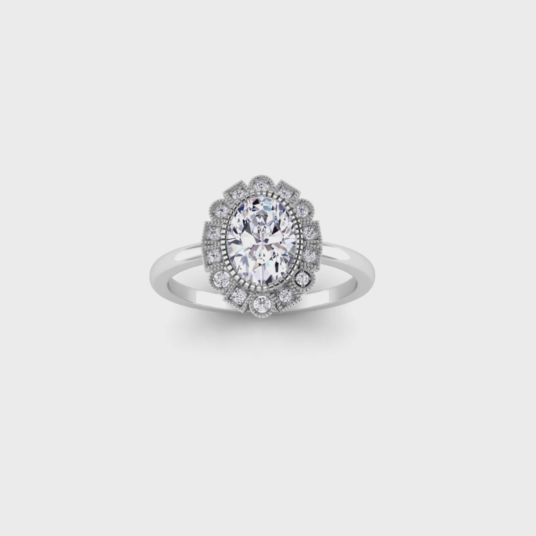 Celestia Vintage Halo 1 Carat Oval Lab Grown Diamond Ring in Platinum D VVS2